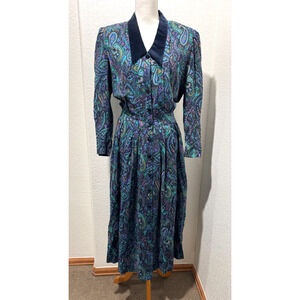 Vtg Dress Karin Stevens Paisley Pleated Equestrian Velvet Sz 12 Green Maxi